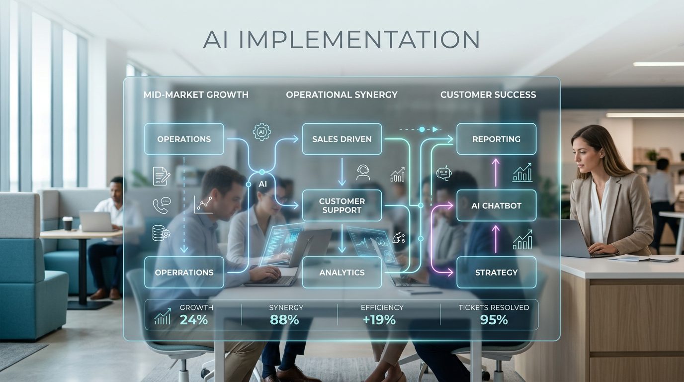 Futuristic office dashboard with AI-driven workflow and business system integration
