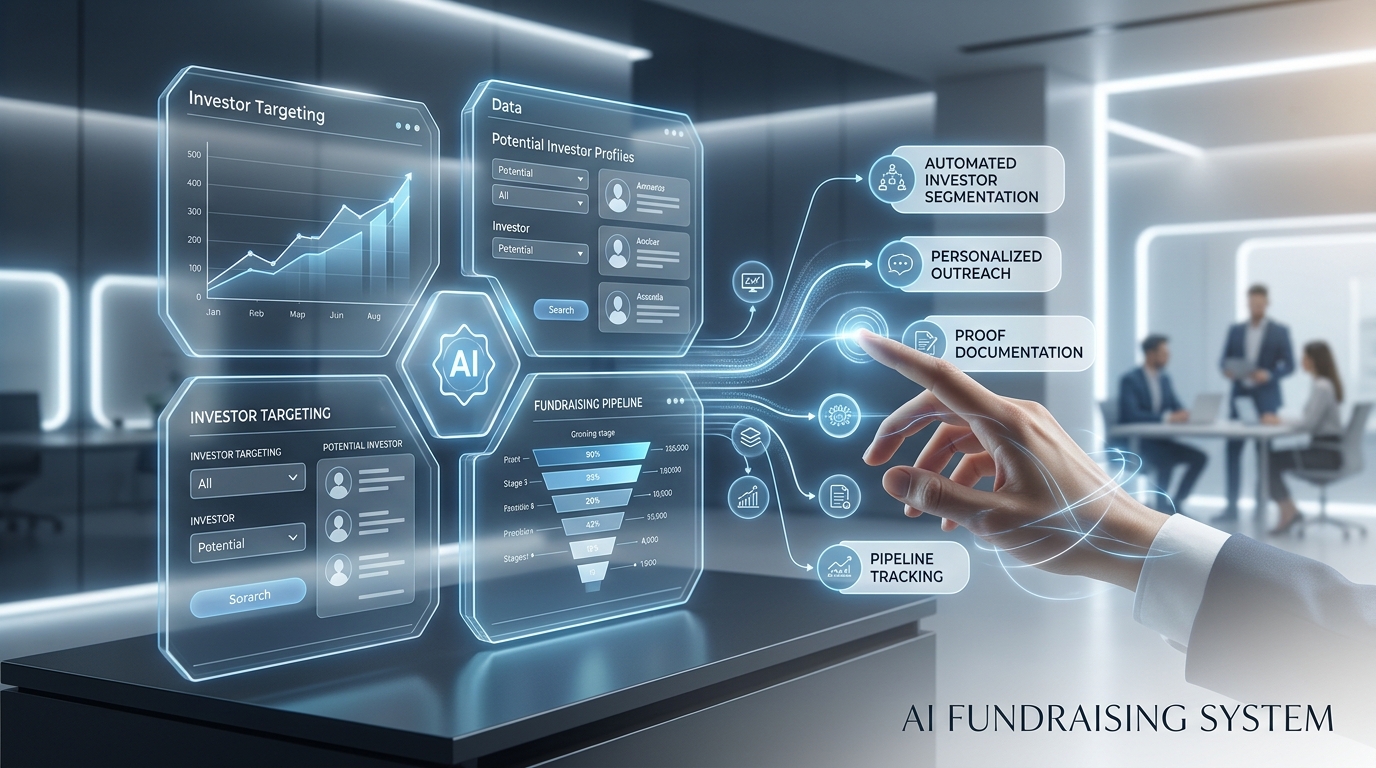 AI fundraising system dashboard showing investor targeting and automated outreach visuals
