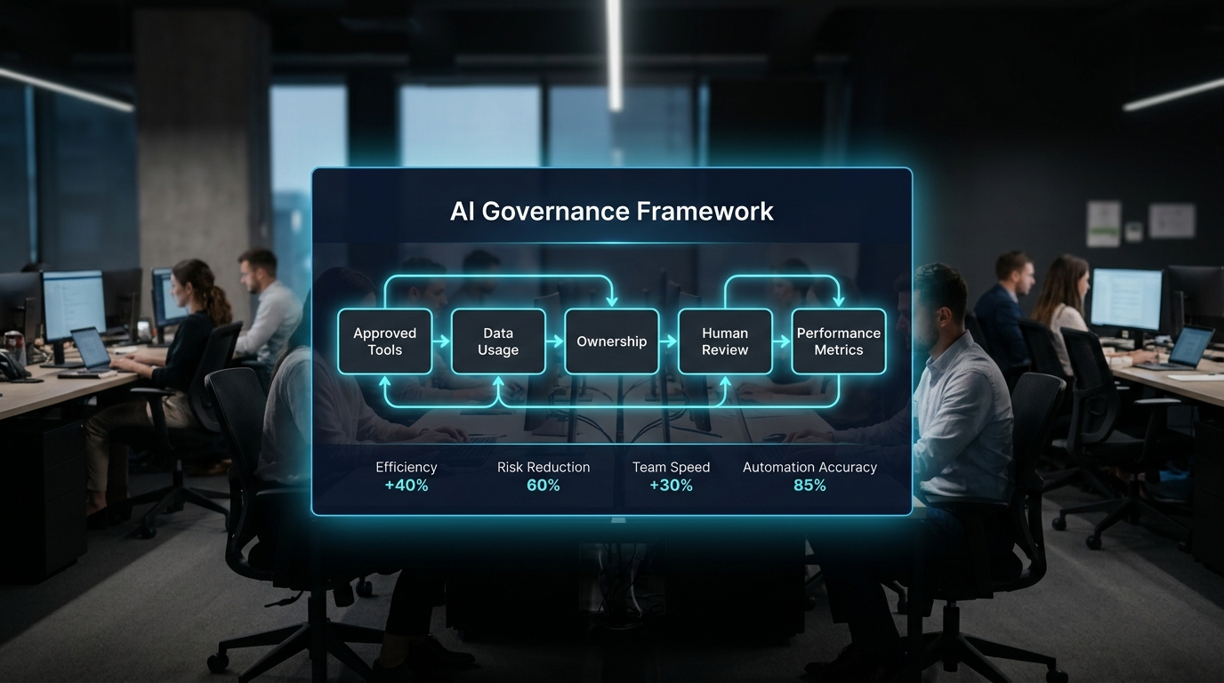 Futuristic infographic overlay on blurred office background showing AI governance framework with key elements and metrics