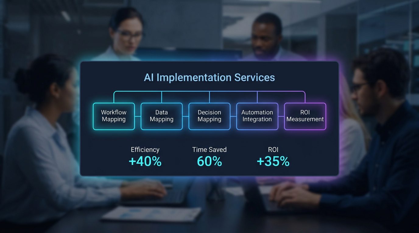 Glowing AI implementation services infographic overlay on blurred modern office background
