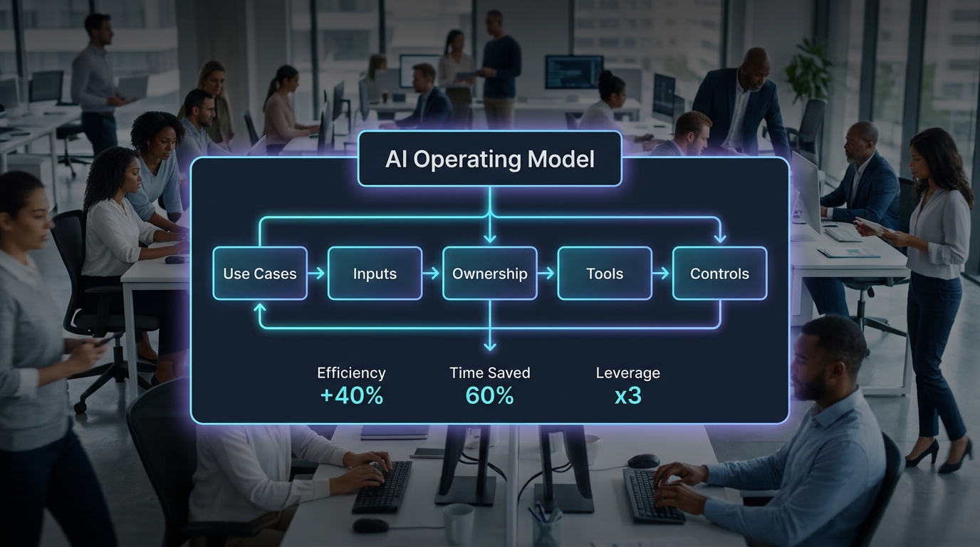 Glowing infographic of an AI operating model over a blurred office background, showing connected workflow components and efficiency metrics