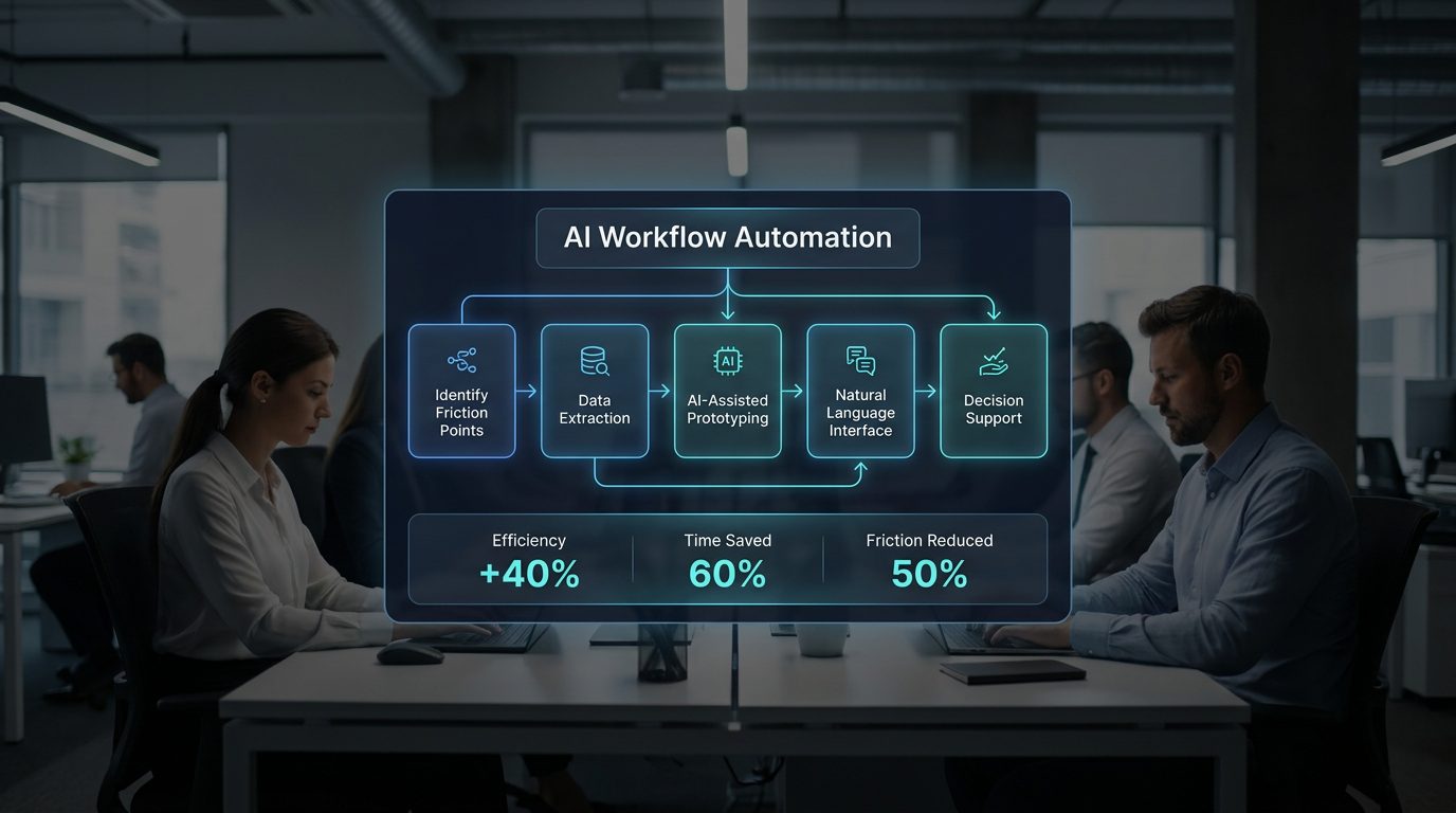 Futuristic infographic overlay illustrating AI workflow automation in a modern office environment