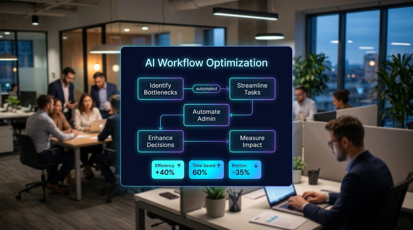 Futuristic AI workflow optimization infographic overlay on blurred office background showing connected workflow steps and key metrics