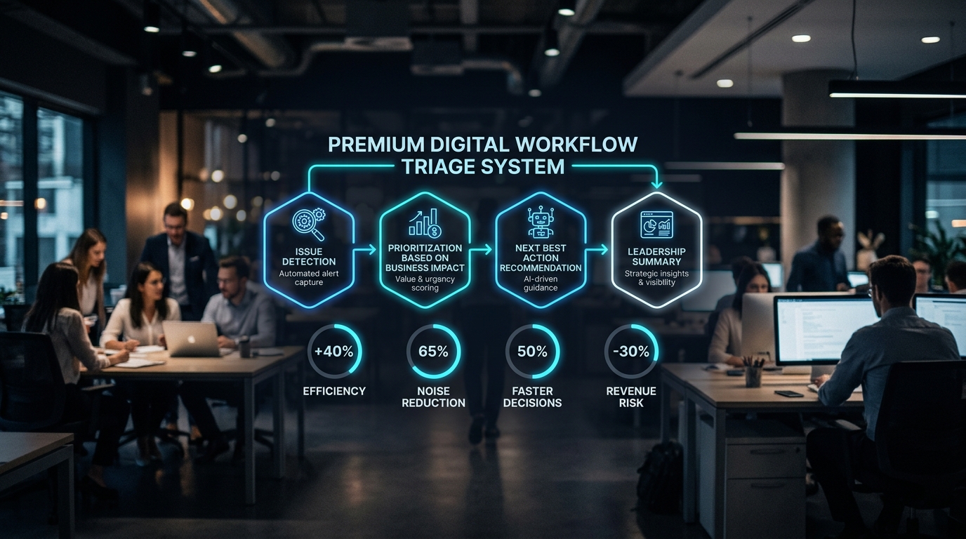 Futuristic AI workflow triage infographic overlay on a blurred office background showcasing automation and prioritization with glowing connected steps and key metrics
