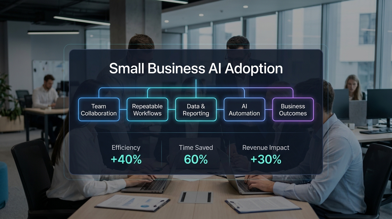 Futuristic infographic overlay on blurred office background showing small business AI adoption workflow and metrics